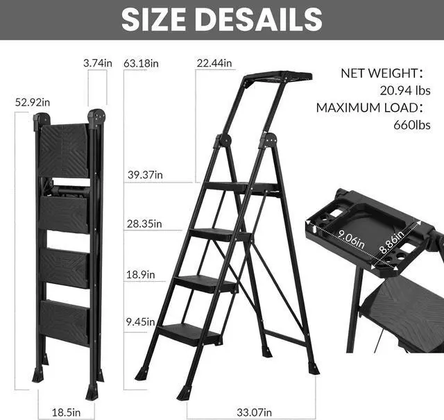 Alt view image 7 of 7 - XinSunho 4 Step Ladder, Foldable Handrail & Tool Tray Stool Ladders with Anti-Slip Wide Pedal, 660 lbs Sturdy Steel Ladder for Home Kitchen and Outdoor