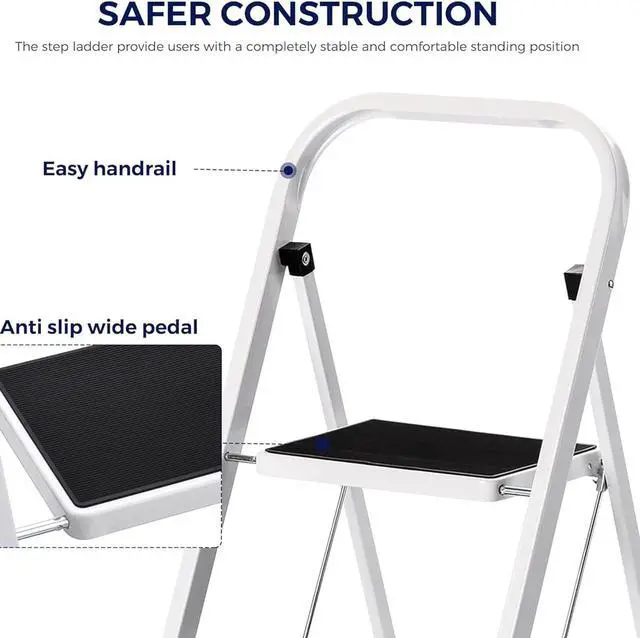 Alt view image 3 of 7 - Delxo Step Ladder 2 Step Stool with Handle Heavy Duty Steel Sturdy Wide Pedal Step Stools Ladder Folding Lightweight Anti-Slip Portable Collapsible Ladders Kitchen Small White