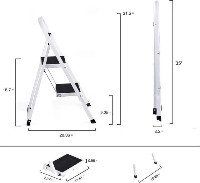 Alt view image 2 of 7 - Delxo Step Ladder 2 Step Stool with Handle Heavy Duty Steel Sturdy Wide Pedal Step Stools Ladder Folding Lightweight Anti-Slip Portable Collapsible Ladders Kitchen Small White