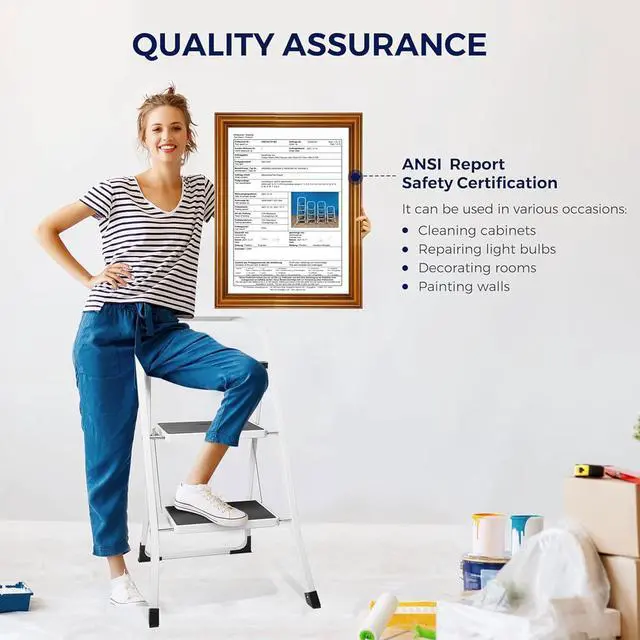 Alt view image 6 of 7 - Delxo Step Ladder 2 Step Stool with Handle Heavy Duty Steel Sturdy Wide Pedal Step Stools Ladder Folding Lightweight Anti-Slip Portable Collapsible Ladders Kitchen Small White