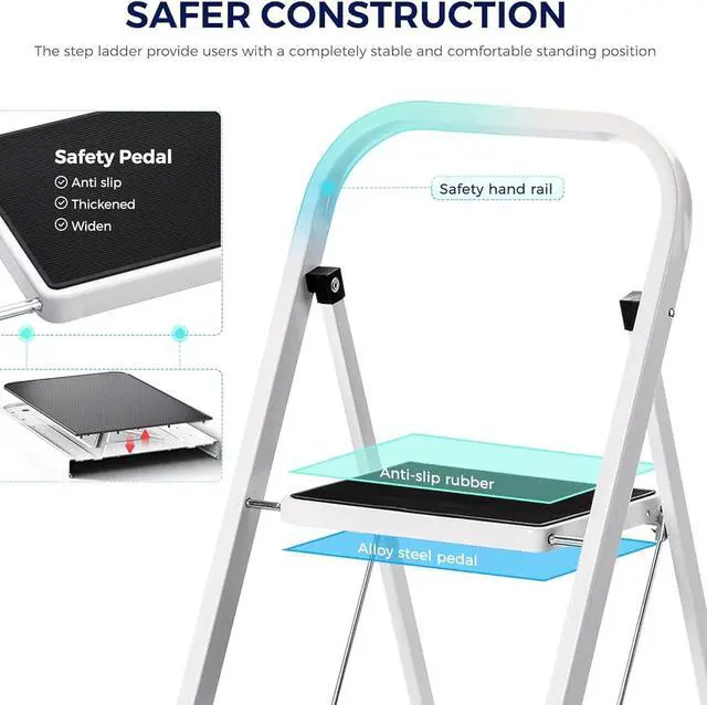 Alt view image 4 of 7 - Delxo Step Ladder 2 Step Stool with Handle Heavy Duty Steel Sturdy Wide Pedal Step Stools Ladder Folding Lightweight Anti-Slip Portable Collapsible Ladders Kitchen Small White