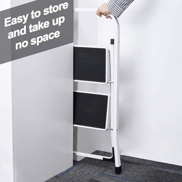 Alt view image 5 of 7 - Delxo Step Ladder 2 Step Stool with Handle Heavy Duty Steel Sturdy Wide Pedal Step Stools Ladder Folding Lightweight Anti-Slip Portable Collapsible Ladders Kitchen Small White