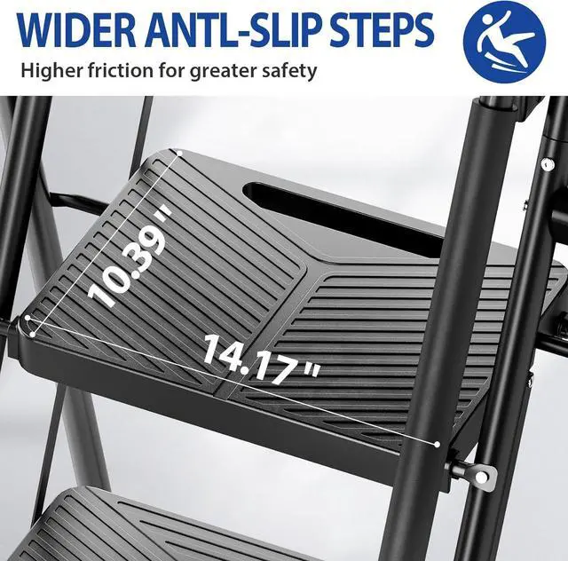 Alt view image 2 of 7 - KINGRACK 5 Step Ladder, Folding Step Stool with Safe-Lock Design, 500 lbs Sturdy Steel Ladder with Tool Platform, Wide Anti-Slip Pedal, Convenient Handrail for Household and Kitchen, Black