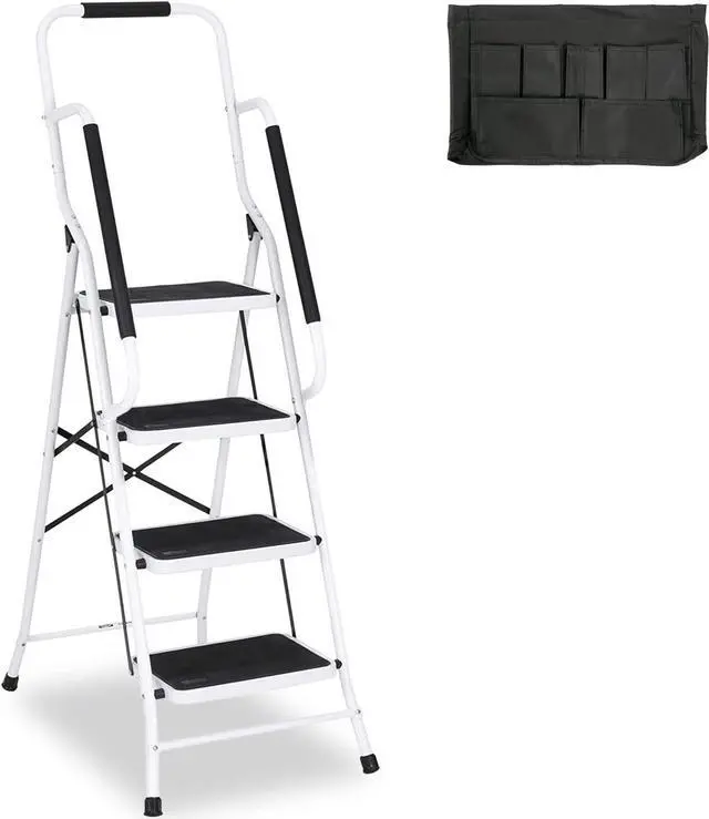 Main image of Usinso 4 Step Ladder Tool Ladder Folding Portable Steel Frame MAX 500 lbs Non-Slip Side armrests Large Area Pedals Detachable ToolBag Suitable for Home Office Engineering White