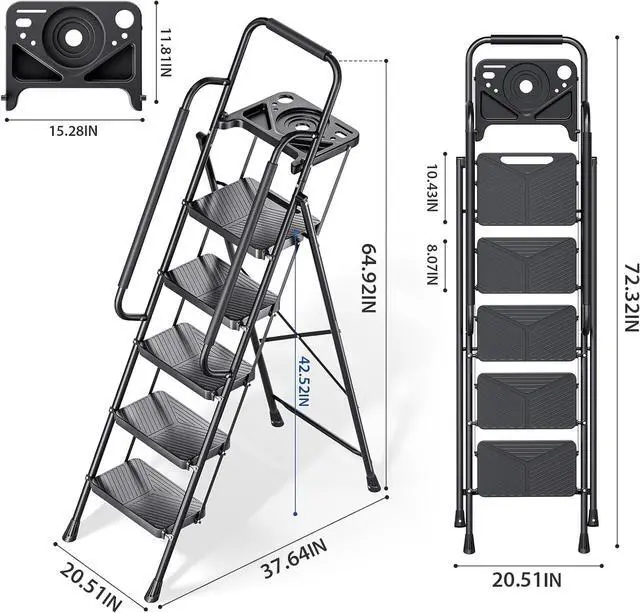 Alt view image 7 of 7 - KINGRACK 5 Step Ladder, Folding Step Stool with Safe-Lock Design, 500 lbs Sturdy Steel Ladder with Tool Platform, Wide Anti-Slip Pedal, Convenient Handrail for Household and Kitchen, Black