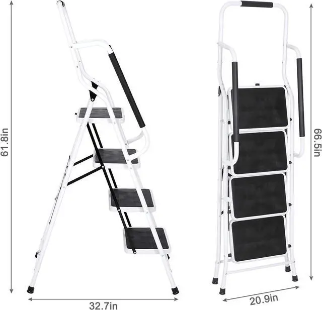 Alt view image 5 of 7 - Usinso 4 Step Ladder Tool Ladder Folding Portable Steel Frame MAX 500 lbs Non-Slip Side armrests Large Area Pedals Detachable ToolBag Suitable for Home Office Engineering White