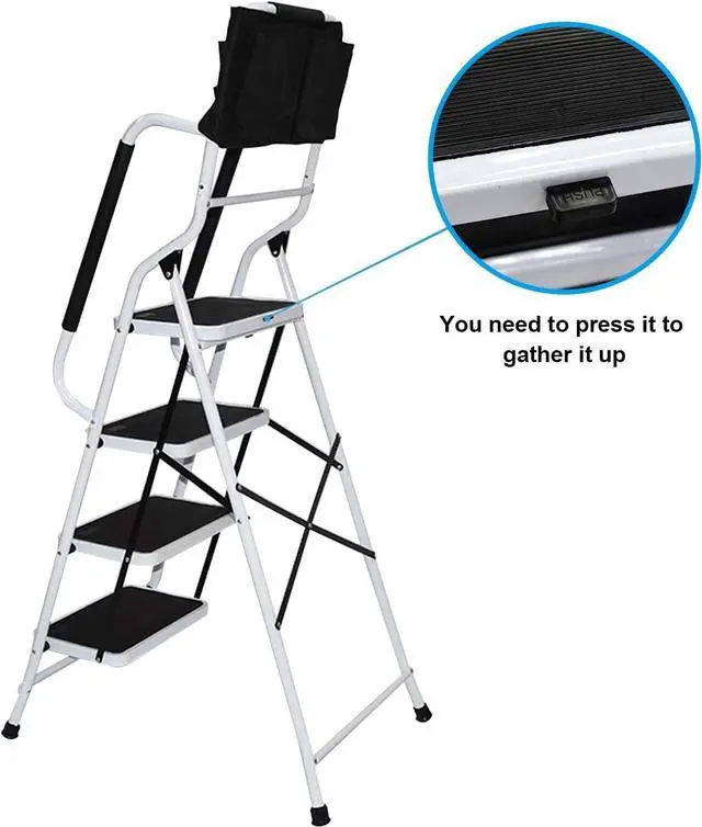 Alt view image 6 of 7 - Usinso 4 Step Ladder Tool Ladder Folding Portable Steel Frame MAX 500 lbs Non-Slip Side armrests Large Area Pedals Detachable ToolBag Suitable for Home Office Engineering White