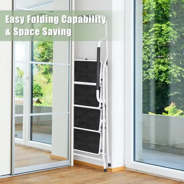 Alt view image 7 of 7 - Usinso 4 Step Ladder Tool Ladder Folding Portable Steel Frame MAX 500 lbs Non-Slip Side armrests Large Area Pedals Detachable ToolBag Suitable for Home Office Engineering White