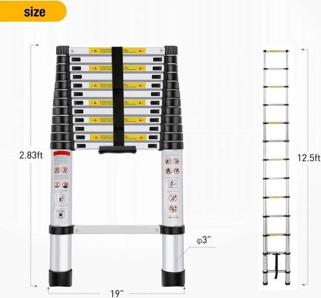 Alt view image 2 of 6 - Yesker 12.5ft Telescoping Ladder Aluminum Telescopic Extension Multi Purpose Ladders EN131 Certified - Extendable with Spring Load Locking Mechanism Non-Slip - 330 lb Max Capacity, Silver/Black