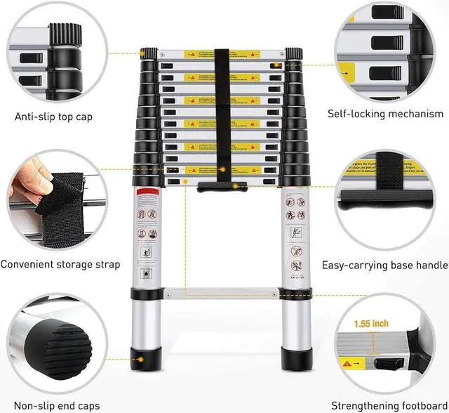 Alt view image 3 of 6 - Yesker 12.5ft Telescoping Ladder Aluminum Telescopic Extension Multi Purpose Ladders EN131 Certified - Extendable with Spring Load Locking Mechanism Non-Slip - 330 lb Max Capacity, Silver/Black