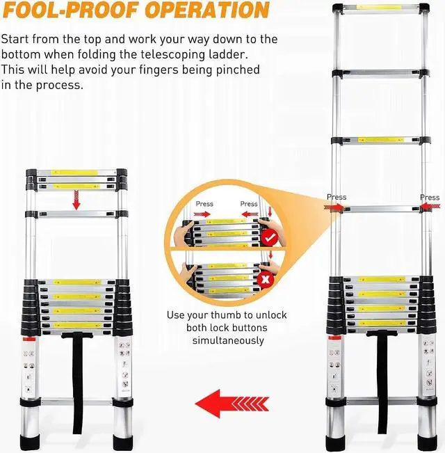 Alt view image 4 of 6 - Yesker 12.5ft Telescoping Ladder Aluminum Telescopic Extension Multi Purpose Ladders EN131 Certified - Extendable with Spring Load Locking Mechanism Non-Slip - 330 lb Max Capacity, Silver/Black