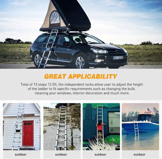 Alt view image 5 of 6 - Yesker 12.5ft Telescoping Ladder Aluminum Telescopic Extension Multi Purpose Ladders EN131 Certified - Extendable with Spring Load Locking Mechanism Non-Slip - 330 lb Max Capacity, Silver/Black