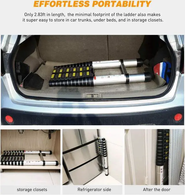 Alt view image 6 of 6 - Yesker 12.5ft Telescoping Ladder Aluminum Telescopic Extension Multi Purpose Ladders EN131 Certified - Extendable with Spring Load Locking Mechanism Non-Slip - 330 lb Max Capacity, Silver/Black