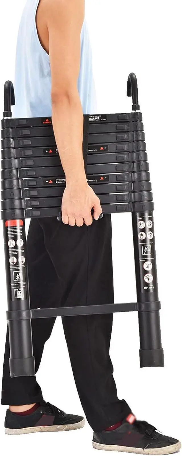 Alt view image 6 of 7 - 10.5ft Step Ladder Aluminum Telescoping Ladder with Detachable Roof Hooks, Black, 330lbs Load Capacity, Heavy Duty Portable Collapsible Folding Ladder 11 Steps Adjustable Height, Space Saving