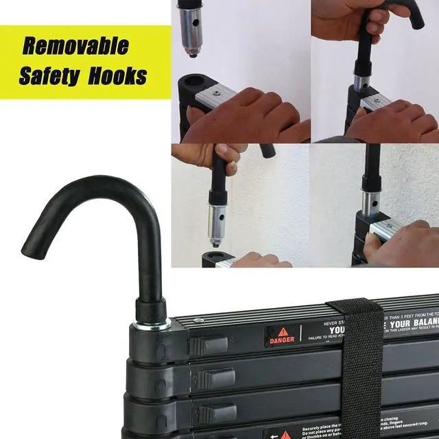 Alt view image 4 of 7 - 10.5ft Step Ladder Aluminum Telescoping Ladder with Detachable Roof Hooks, Black, 330lbs Load Capacity, Heavy Duty Portable Collapsible Folding Ladder 11 Steps Adjustable Height, Space Saving
