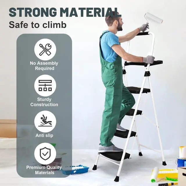 Alt view image 2 of 6 - SocTone 4 Step Ladder, Folding Step Stool with Tool Platform, Sturdy& Portable Steel Ladder for Adults, 330LBS Capacity Ladder for Home Kitchen Pantry Office.