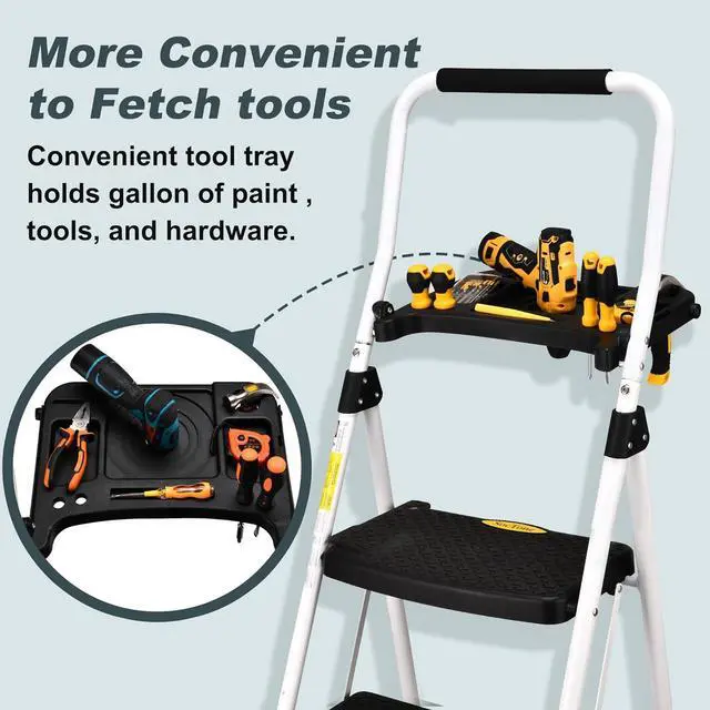 Alt view image 3 of 6 - SocTone 4 Step Ladder, Folding Step Stool with Tool Platform, Sturdy& Portable Steel Ladder for Adults, 330LBS Capacity Ladder for Home Kitchen Pantry Office.