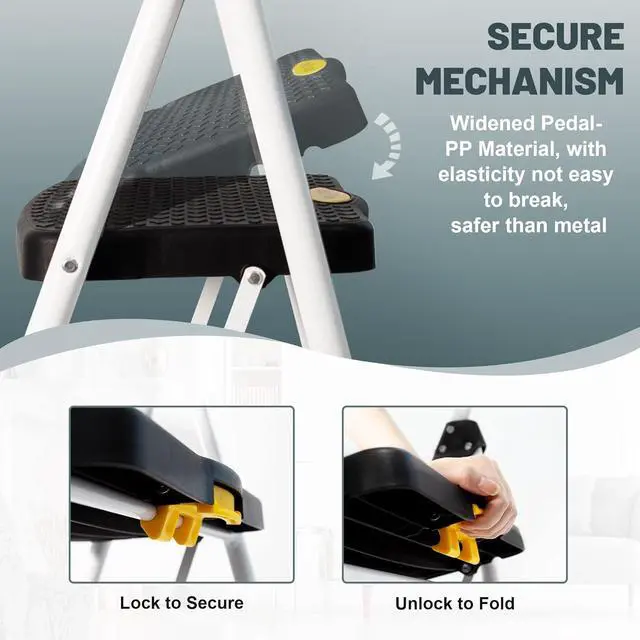 Alt view image 4 of 6 - SocTone 4 Step Ladder, Folding Step Stool with Tool Platform, Sturdy& Portable Steel Ladder for Adults, 330LBS Capacity Ladder for Home Kitchen Pantry Office.