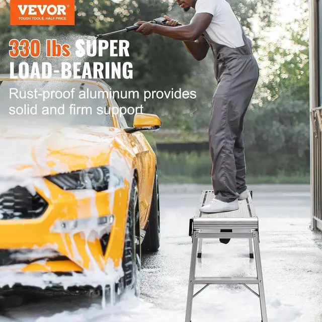 Alt view image 2 of 7 - VEVOR Folding Work Platform, 30x12x20 Inch Aluminum Drywall Stool Ladder, 330 lbs Load Capacity Heavy Duty Work Bench w/Non-Slip Feet, Ideal for Washing Vehicles, Cleaning, Painting, Decorating