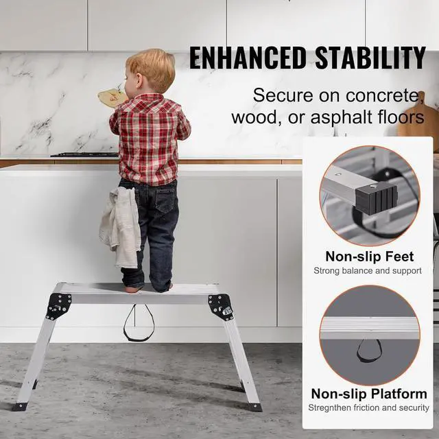 Alt view image 5 of 7 - VEVOR Folding Work Platform, 30x12x20 Inch Aluminum Drywall Stool Ladder, 330 lbs Load Capacity Heavy Duty Work Bench w/Non-Slip Feet, Ideal for Washing Vehicles, Cleaning, Painting, Decorating