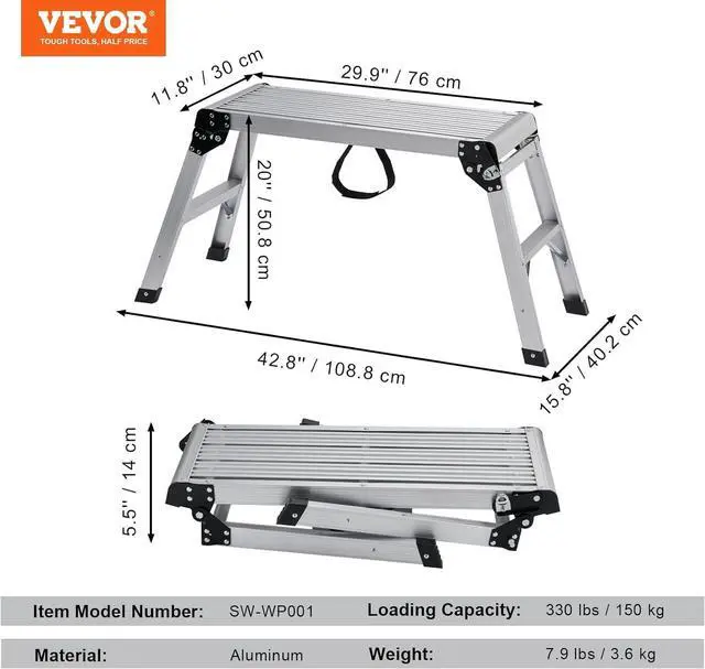 Alt view image 7 of 7 - VEVOR Folding Work Platform, 30x12x20 Inch Aluminum Drywall Stool Ladder, 330 lbs Load Capacity Heavy Duty Work Bench w/Non-Slip Feet, Ideal for Washing Vehicles, Cleaning, Painting, Decorating