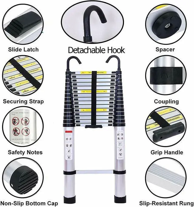 Alt view image 2 of 6 - Telescoping Ladder 20FT Extension Ladder with 2 Detachable Hooks Aluminum Telescopic Ladder Collapsible Ladder Fully Extended 244" Multi-Purpose Ladders for Home Loft Roof Ceiling, 330 Lb Capacity