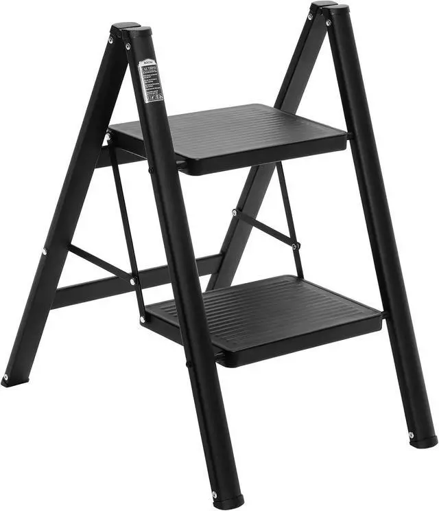 Main image of BOCOM 2 Step Ladder, Lightweight Portable Foldable Collapsible Folding Sturdy Iron Metal Step Stool with Anti-Slip Wide Pedal, Heavy Duty 330 lbs Capacity, for Home, Kitchen, Closet, Adults, Black