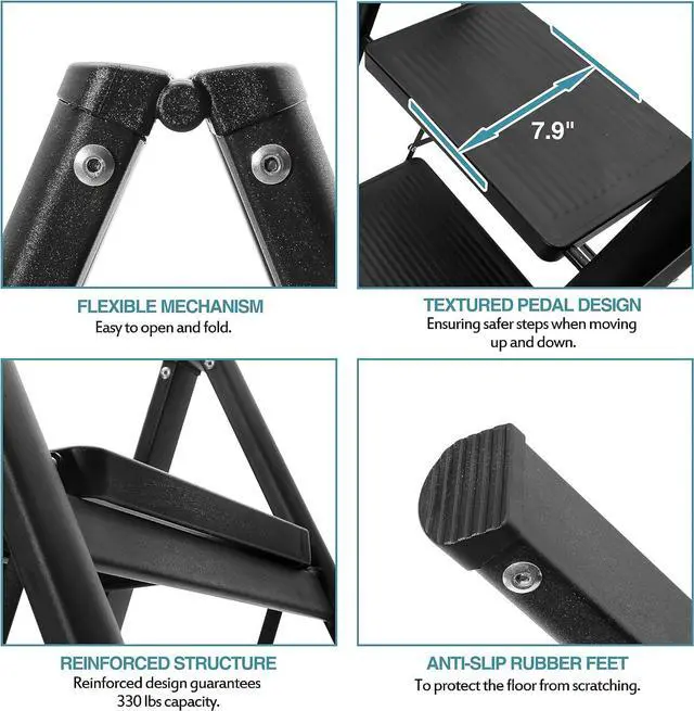 Alt view image 2 of 7 - BOCOM 2 Step Ladder, Lightweight Portable Foldable Collapsible Folding Sturdy Iron Metal Step Stool with Anti-Slip Wide Pedal, Heavy Duty 330 lbs Capacity, for Home, Kitchen, Closet, Adults, Black