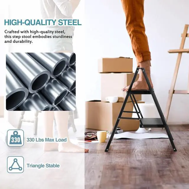 Alt view image 3 of 7 - BOCOM 2 Step Ladder, Lightweight Portable Foldable Collapsible Folding Sturdy Iron Metal Step Stool with Anti-Slip Wide Pedal, Heavy Duty 330 lbs Capacity, for Home, Kitchen, Closet, Adults, Black