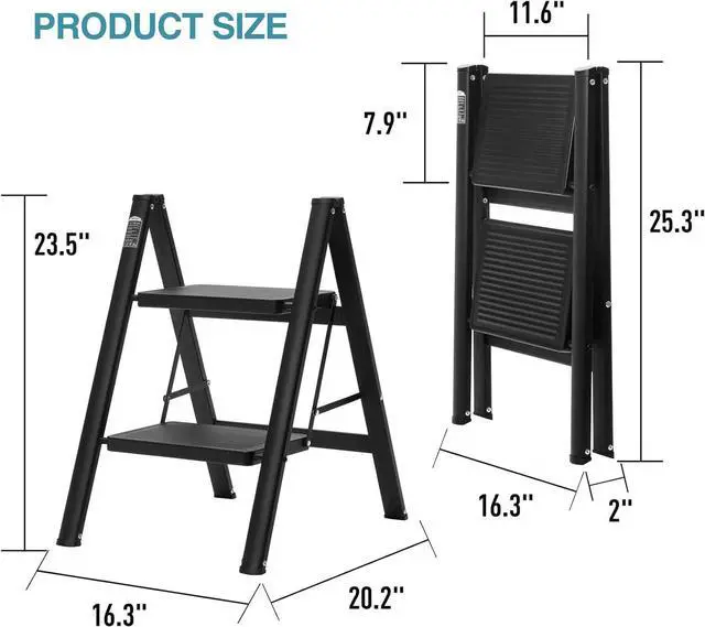 Alt view image 4 of 7 - BOCOM 2 Step Ladder, Lightweight Portable Foldable Collapsible Folding Sturdy Iron Metal Step Stool with Anti-Slip Wide Pedal, Heavy Duty 330 lbs Capacity, for Home, Kitchen, Closet, Adults, Black