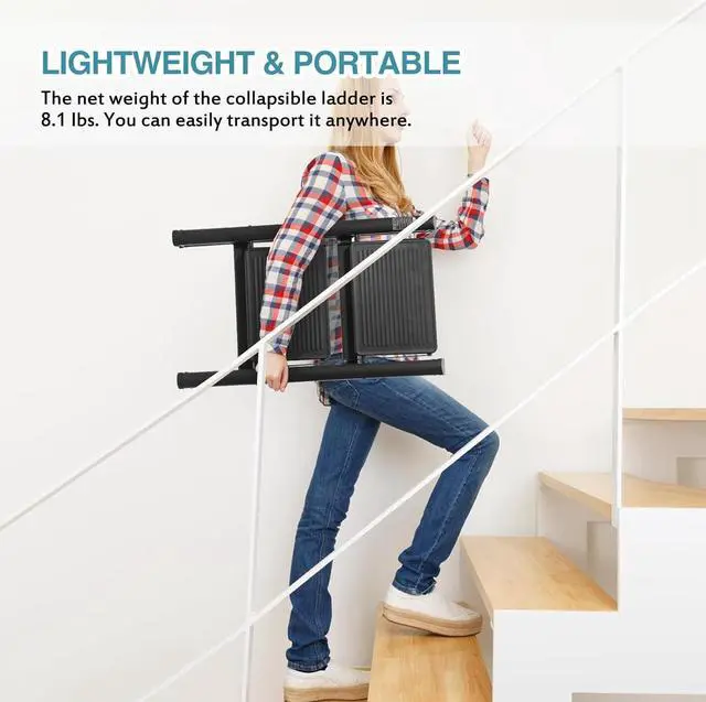 Alt view image 5 of 7 - BOCOM 2 Step Ladder, Lightweight Portable Foldable Collapsible Folding Sturdy Iron Metal Step Stool with Anti-Slip Wide Pedal, Heavy Duty 330 lbs Capacity, for Home, Kitchen, Closet, Adults, Black