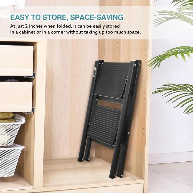 Alt view image 7 of 7 - BOCOM 2 Step Ladder, Lightweight Portable Foldable Collapsible Folding Sturdy Iron Metal Step Stool with Anti-Slip Wide Pedal, Heavy Duty 330 lbs Capacity, for Home, Kitchen, Closet, Adults, Black
