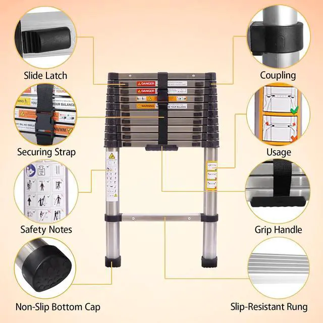 Alt view image 3 of 7 - Stainless Steel Telescoping Ladder 10.5FT Heavy Duty Telescopic Extension Ladder Portable Collapsible Ladder 330lb Max Load for Home Maintenance Window Cleaning Garden Work Access Attic Loft