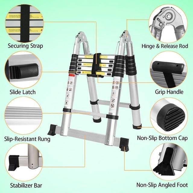 Alt view image 3 of 7 - 12.5FT Telescopic Folding Ladder Extension Aluminum 1.9m+1.9m A-Frame 3.8m Straight Ladder Telescoping Portable Multi-Purpose with Stabilizer Bar for Building Maintenance Window Cleaning Decoration