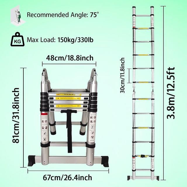 Alt view image 2 of 7 - 12.5FT Telescopic Folding Ladder Extension Aluminum 1.9m+1.9m A-Frame 3.8m Straight Ladder Telescoping Portable Multi-Purpose with Stabilizer Bar for Building Maintenance Window Cleaning Decoration