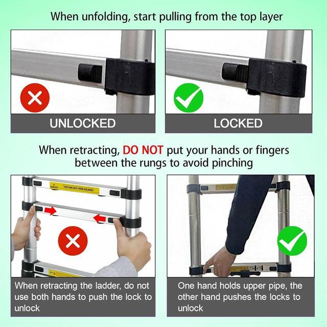 Alt view image 5 of 7 - 12.5FT Telescopic Folding Ladder Extension Aluminum 1.9m+1.9m A-Frame 3.8m Straight Ladder Telescoping Portable Multi-Purpose with Stabilizer Bar for Building Maintenance Window Cleaning Decoration