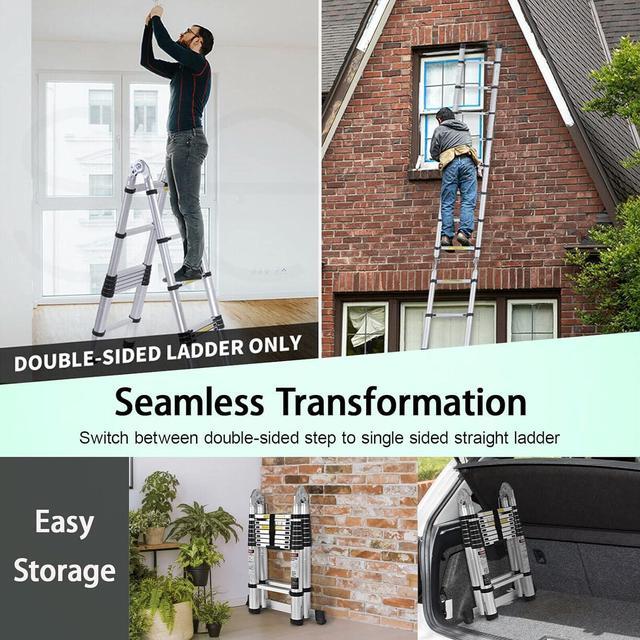 Alt view image 6 of 7 - 12.5FT Telescopic Folding Ladder Extension Aluminum 1.9m+1.9m A-Frame 3.8m Straight Ladder Telescoping Portable Multi-Purpose with Stabilizer Bar for Building Maintenance Window Cleaning Decoration