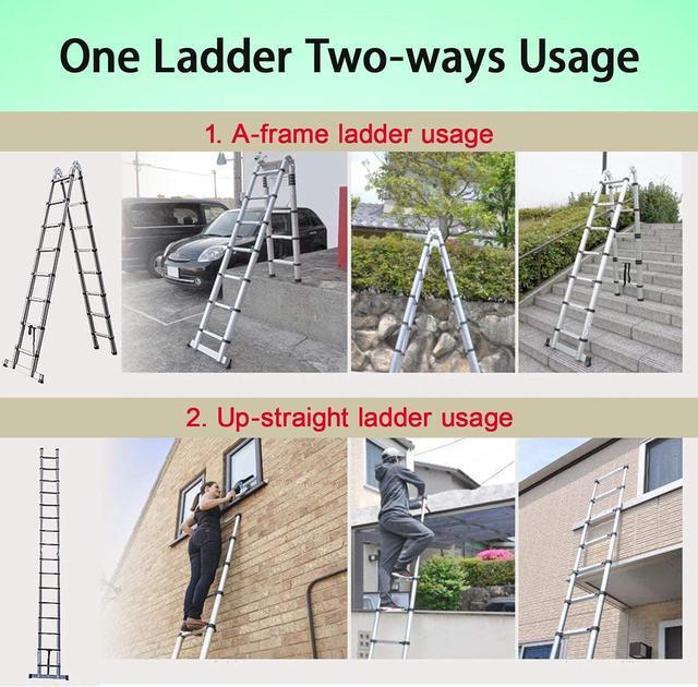Alt view image 7 of 7 - 12.5FT Telescopic Folding Ladder Extension Aluminum 1.9m+1.9m A-Frame 3.8m Straight Ladder Telescoping Portable Multi-Purpose with Stabilizer Bar for Building Maintenance Window Cleaning Decoration