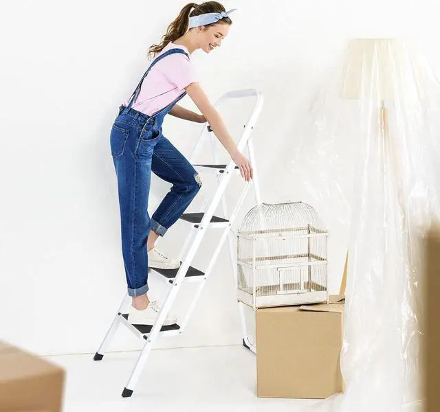 Alt view image 7 of 7 - JungleA 4 Step Ladder, Folding Step Stool for Adults, Foldable Lightweight Portable Tall White Ladder Stool for Home Kitchen Closet Garage & Office, Wide Anti-Slip Pedal, 330 lbs Load Capacity