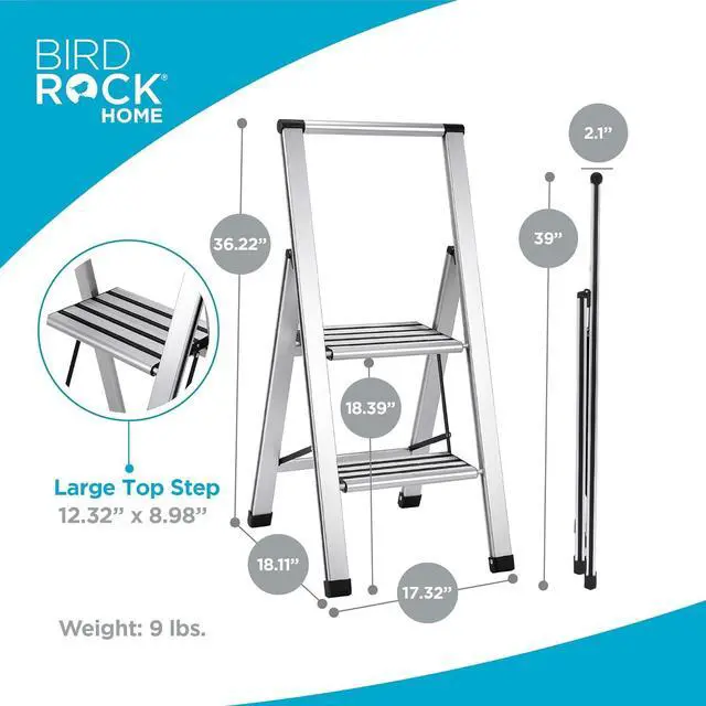 Alt view image 4 of 7 - BIRDROCK HOME 2 Step Ladder | Folding Anti-Slip Step Stool, 250 lb Capacity | Lightweight, Slim & Sturdy Design for Household, Kitchen, Garage, Indoor & Outdoor Use | Collapsible, Portable, Heavy-Duty