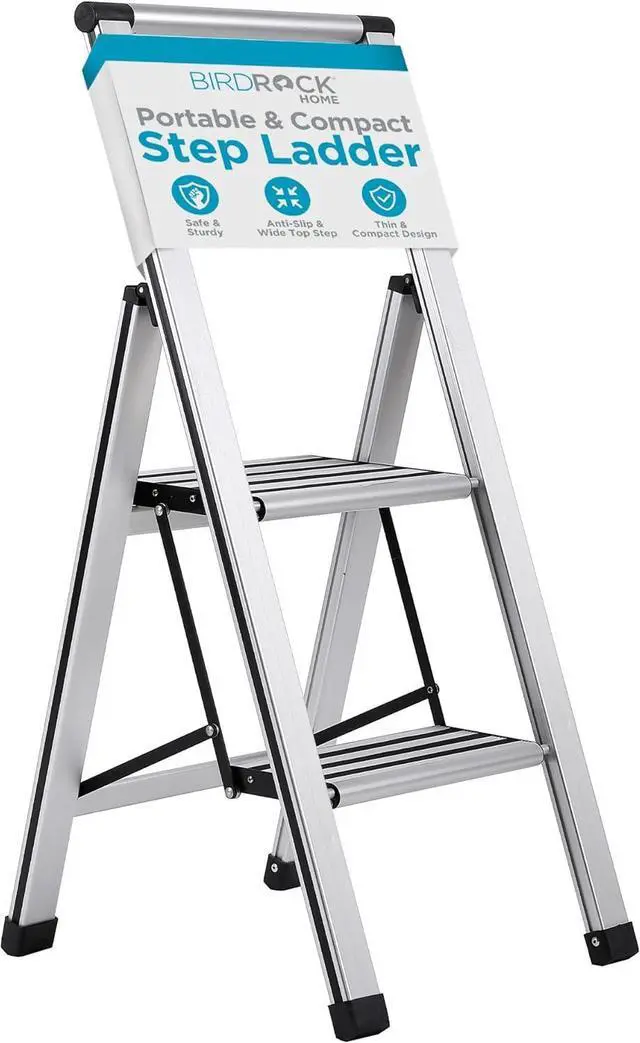 Main image of BIRDROCK HOME 2 Step Ladder | Folding Anti-Slip Step Stool, 250 lb Capacity | Lightweight, Slim & Sturdy Design for Household, Kitchen, Garage, Indoor & Outdoor Use | Collapsible, Portable, Heavy-Duty