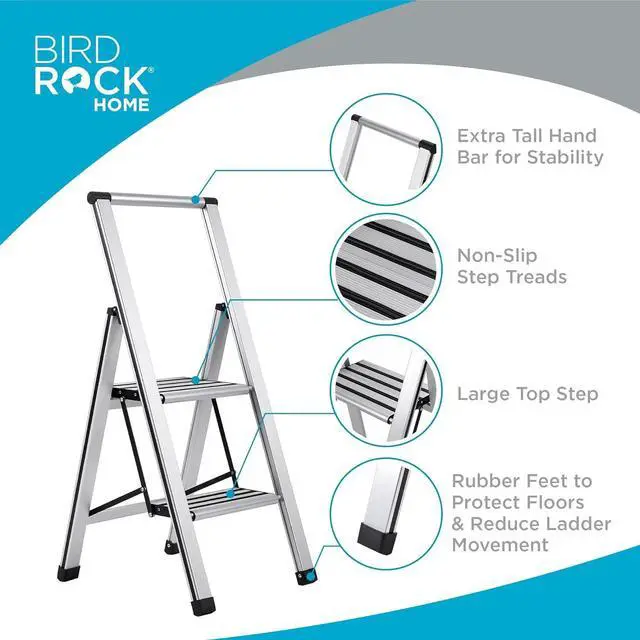 Alt view image 3 of 7 - BIRDROCK HOME 2 Step Ladder | Folding Anti-Slip Step Stool, 250 lb Capacity | Lightweight, Slim & Sturdy Design for Household, Kitchen, Garage, Indoor & Outdoor Use | Collapsible, Portable, Heavy-Duty