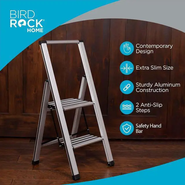 Alt view image 2 of 7 - BIRDROCK HOME 2 Step Ladder | Folding Anti-Slip Step Stool, 250 lb Capacity | Lightweight, Slim & Sturdy Design for Household, Kitchen, Garage, Indoor & Outdoor Use | Collapsible, Portable, Heavy-Duty