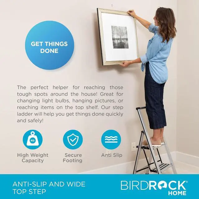 Alt view image 6 of 7 - BIRDROCK HOME 2 Step Ladder | Folding Anti-Slip Step Stool, 250 lb Capacity | Lightweight, Slim & Sturdy Design for Household, Kitchen, Garage, Indoor & Outdoor Use | Collapsible, Portable, Heavy-Duty