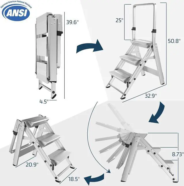 Alt view image 2 of 7 - 3-Step Ladder, Aluminum Step Stool w/Safety Foldable Handle, Safety Jumbo Stepladder Extra Wide Anti-Slip Pedal, Utility Step Stool Type 1A, Heavy Duty 330 Lbs Rated
