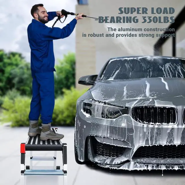 Alt view image 4 of 7 - Work Platform Two Step Ladder, 50"×12"×27" Aluminum Platform, Heavy Duty Folding Work Bench Non-Slip 330 lbs Load Capacity for Washing Vehicles, Cleaning, Painting