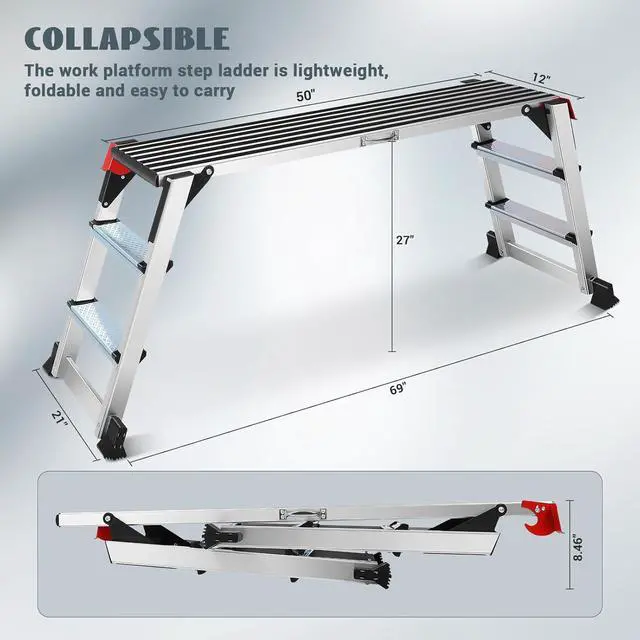 Alt view image 2 of 7 - Work Platform Two Step Ladder, 50"×12"×27" Aluminum Platform, Heavy Duty Folding Work Bench Non-Slip 330 lbs Load Capacity for Washing Vehicles, Cleaning, Painting