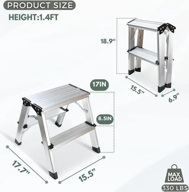 Alt view image 2 of 7 - 2 Step Ladder, Small Aluminum Folding Step Stool 330lbs, Lightweight Two Step Stool Dual-Sided with Widen Pedals by Glosiory, Portable Solid Handy Stool for Home, Kitchen, RV, SUV, Garage