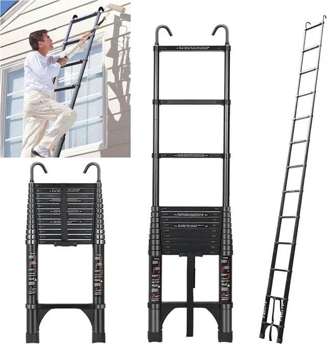 Main image of JADDUO 16.5FT Telescopic Ladder, Aluminium Black Telescoping Ladder with Non-Slip Feet and Stable Hook, Portable Extension Ladder for Household and Outdoor Working, Heavy Duty 330lbs Max Capacity