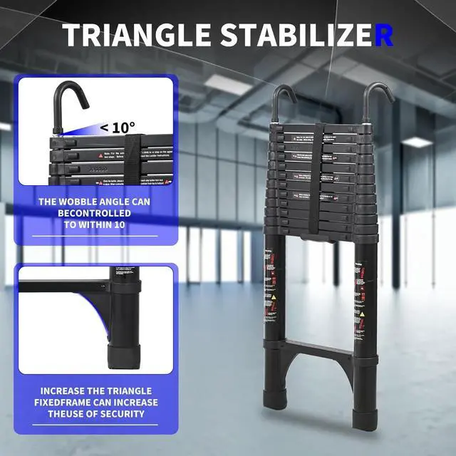Alt view image 4 of 7 - JADDUO 16.5FT Telescopic Ladder, Aluminium Black Telescoping Ladder with Non-Slip Feet and Stable Hook, Portable Extension Ladder for Household and Outdoor Working, Heavy Duty 330lbs Max Capacity